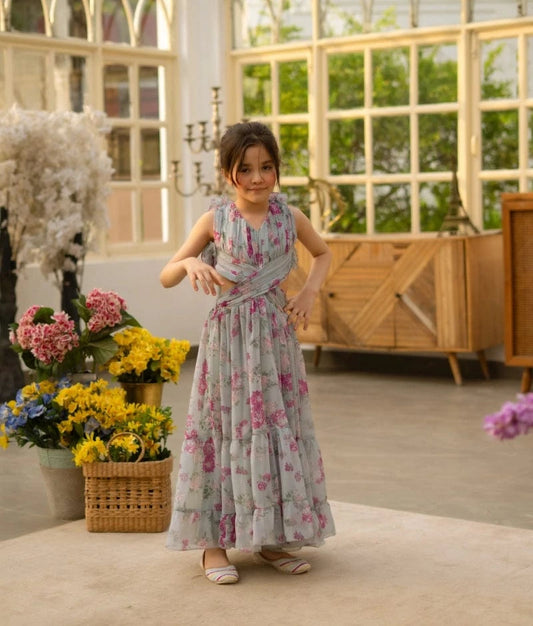 Manufactured by FAYON KIDS (Noida, U.P) Green Floral Printed Long Dress