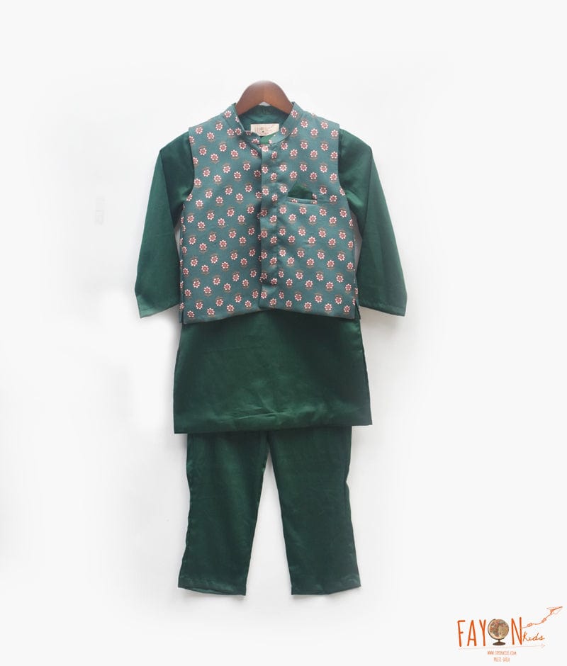 Manufactured by FAYON KIDS (Noida, U.P) Green Printed Jacket with Kurta and Pant for Boys