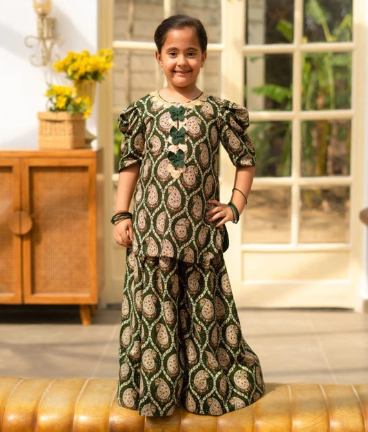 Manufactured by FAYON KIDS (Noida, U.P) Green Printed Kurti Sharara