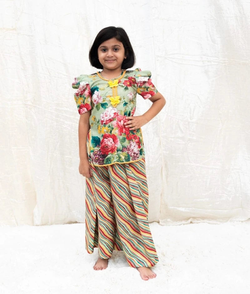 Manufactured by FAYON KIDS (Noida, U.P) Green Printed Kurti with Plazo