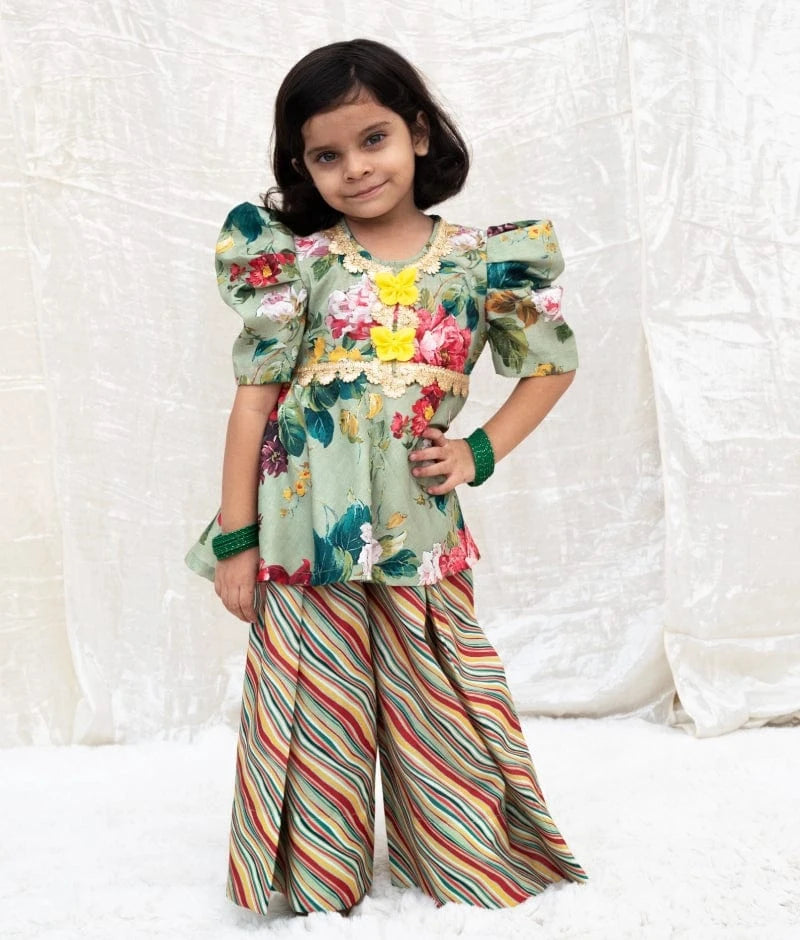 Manufactured by FAYON KIDS (Noida, U.P) Green Printed Peplum Kurti with Plazo