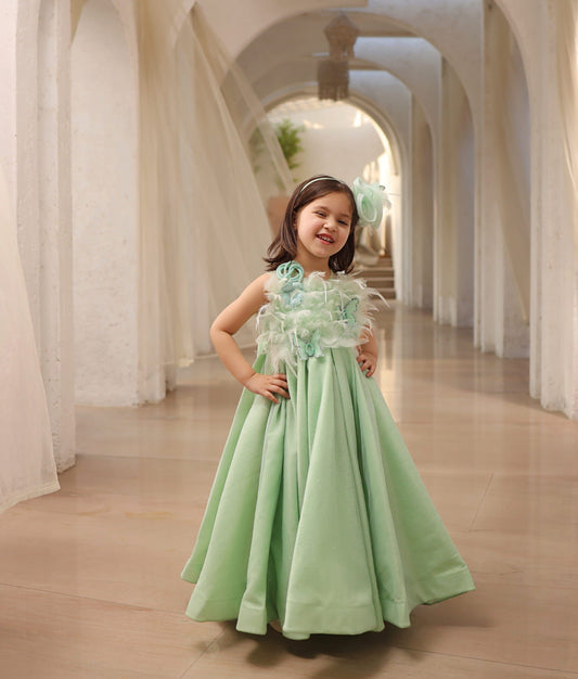Manufactured by FAYON KIDS (Noida, U.P) Green Shimmer Net Gown