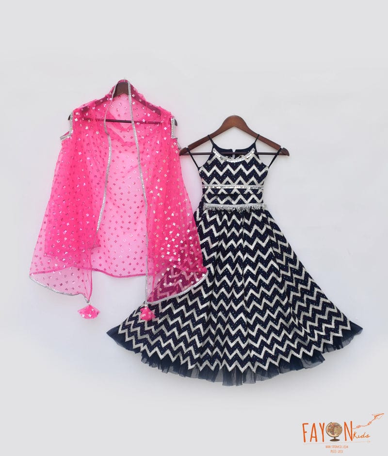 Manufactured by FAYON KIDS (Noida, U.P) Hot Pink Cape with Dark Blue Lehenga Choli for Girls