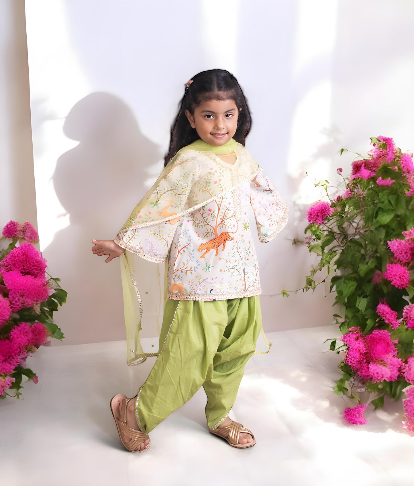 Manufactured by FAYON KIDS (Noida, U.P) Ivory Animal Forest Printed Kurti with Dhoti