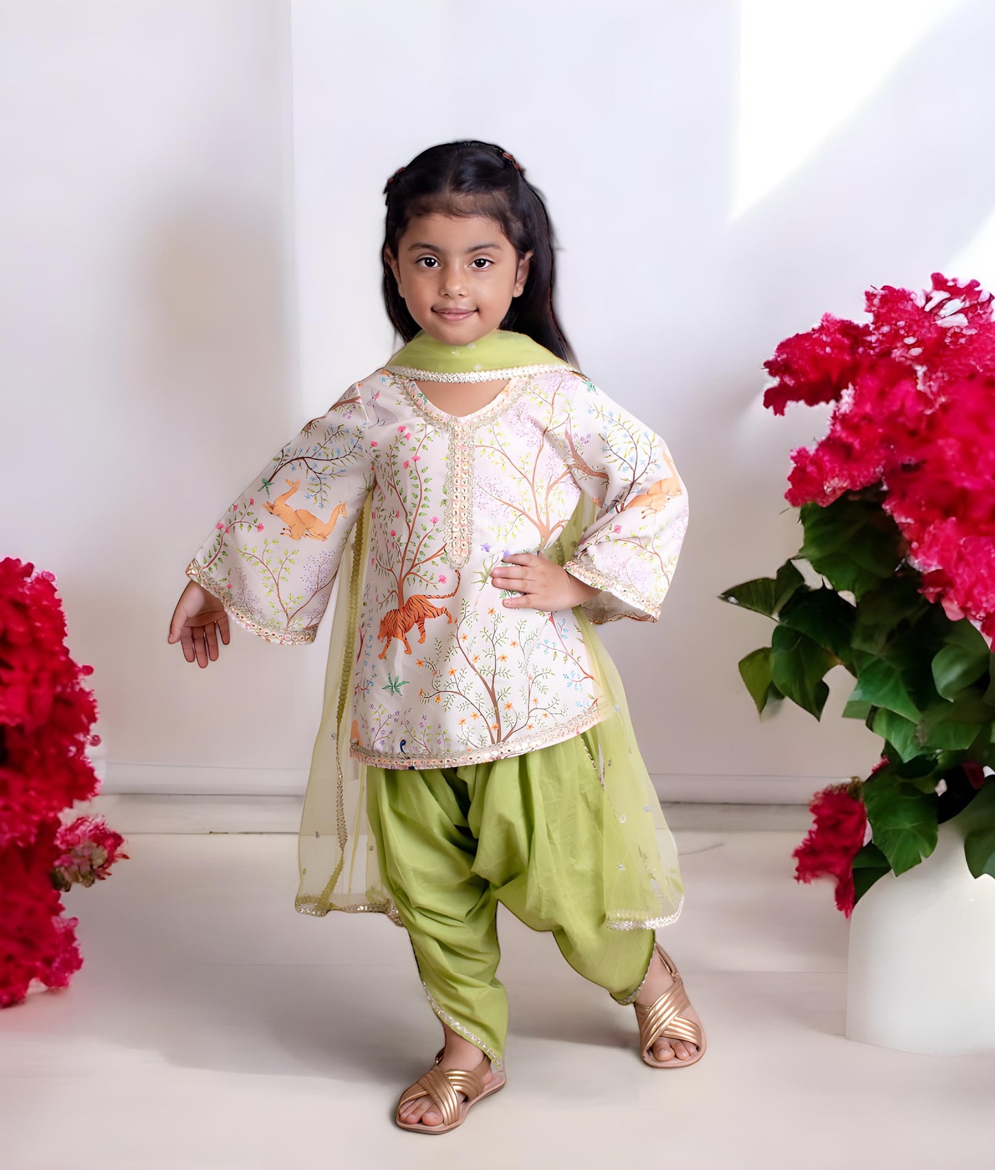 Manufactured by FAYON KIDS (Noida, U.P) Ivory Animal Forest Printed Kurti with Dhoti