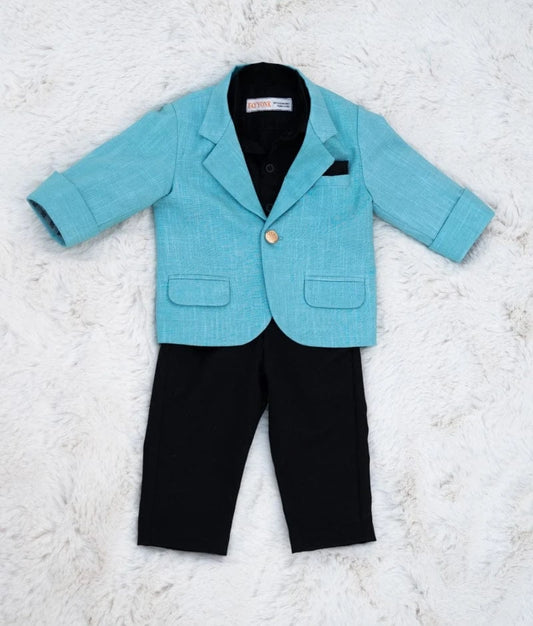 Light Blue Linen Coat with Black Shirt & Pant for Boys