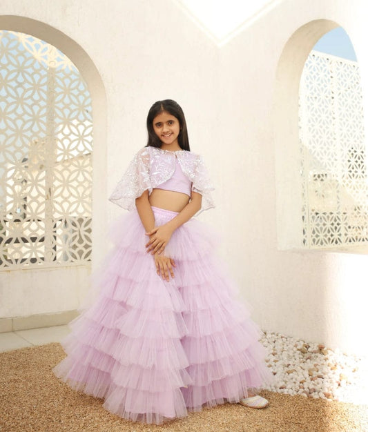 Manufactured by FAYON KIDS (Noida, U.P) Lilac Crop Top Skirt with Cape