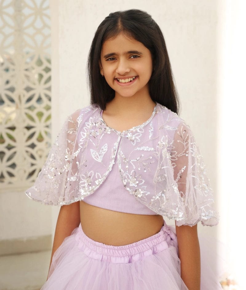 Manufactured by FAYON KIDS (Noida, U.P) Lilac Crop Top Skirt with Cape