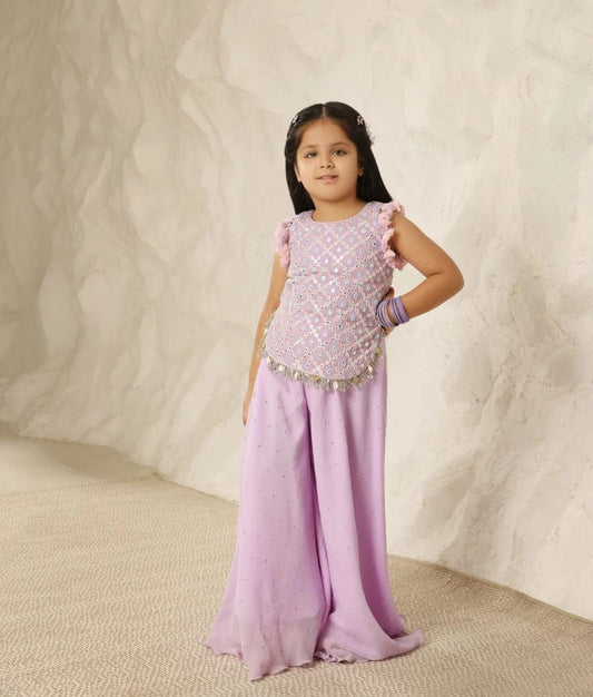 Manufactured by FAYON KIDS (Noida, U.P) Lilac Dream: Mirror Embroidered Top & Plazzo Pant Set