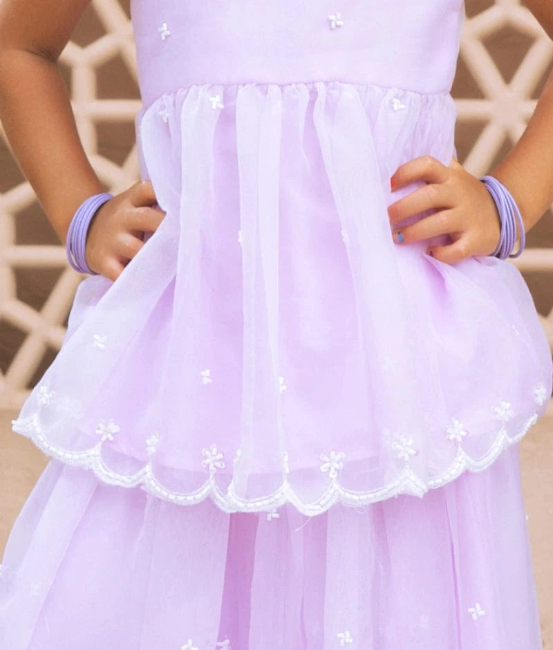 Manufactured by FAYON KIDS (Noida, U.P) Lilac Embroidered Organza Kurti with Skirt