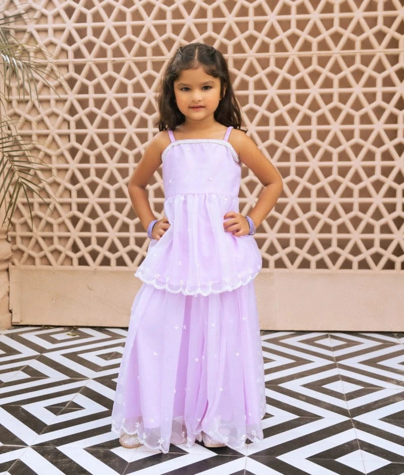 Manufactured by FAYON KIDS (Noida, U.P) Lilac Embroidered Organza Kurti with Skirt