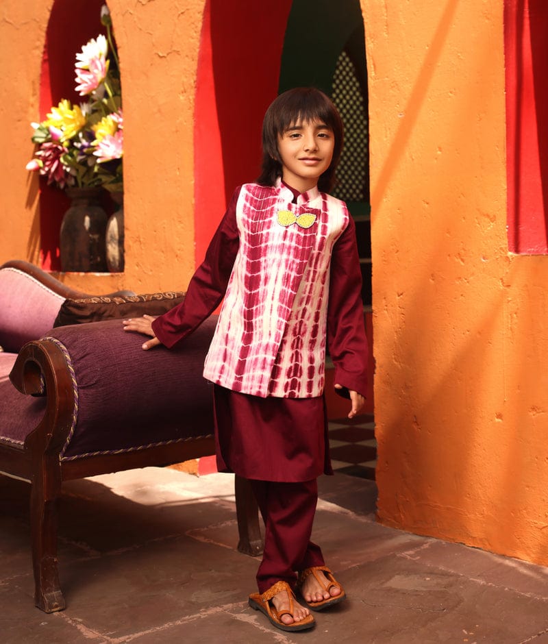 Manufactured by FAYON KIDS (Noida, U.P) Maroon Tye and Dye Nehru Jacket with Kurta and Pant for Boys