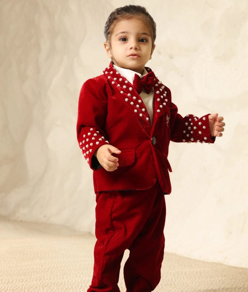 Manufactured by FAYON KIDS (Noida, U.P) Maroon Velvet Coat with Shirt and Pant