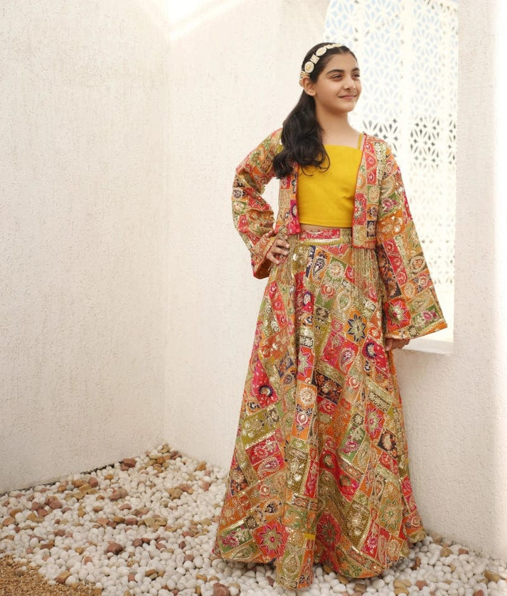 Manufactured by FAYON KIDS (Noida, U.P) Multi Coloured Embroidered Crop Top Skirt