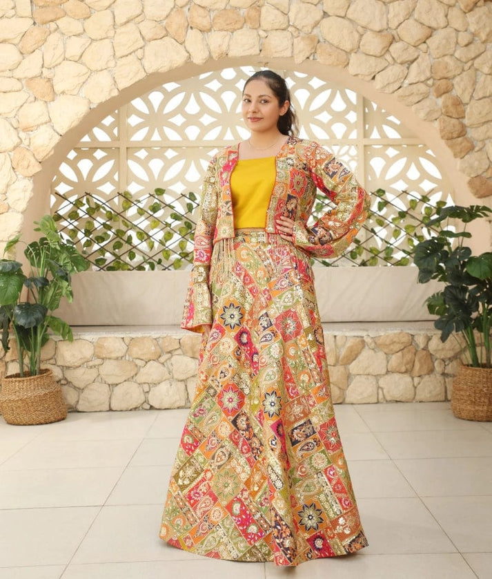 Manufactured by FAYON KIDS (Noida, U.P) Multi Coloured Embroidered Crop Top Skirt