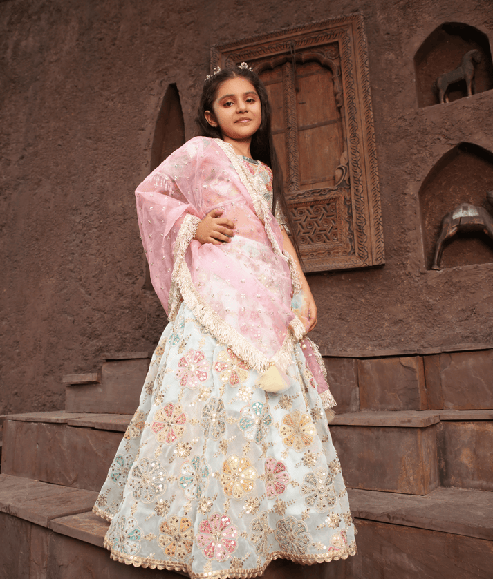 Manufactured by FAYON KIDS (Noida, U.P) Off white Embroidered Choli with Lehenga