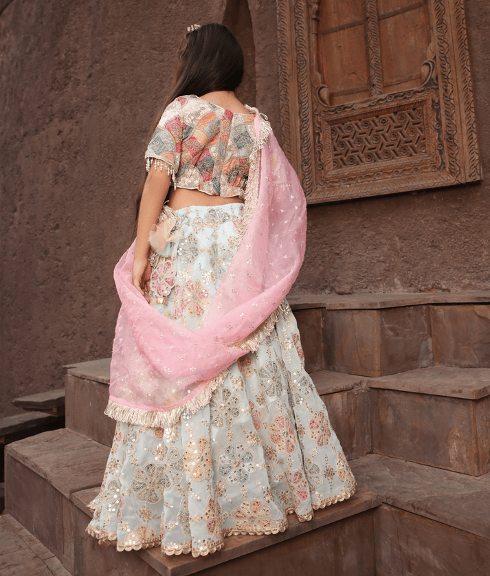 Manufactured by FAYON KIDS (Noida, U.P) Off white Embroidered Choli with Lehenga