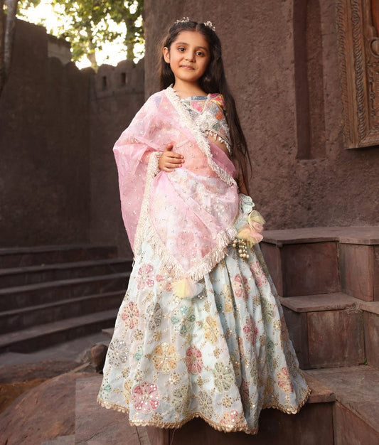 Manufactured by FAYON KIDS (Noida, U.P) Off white Embroidered Choli with Lehenga for Girls