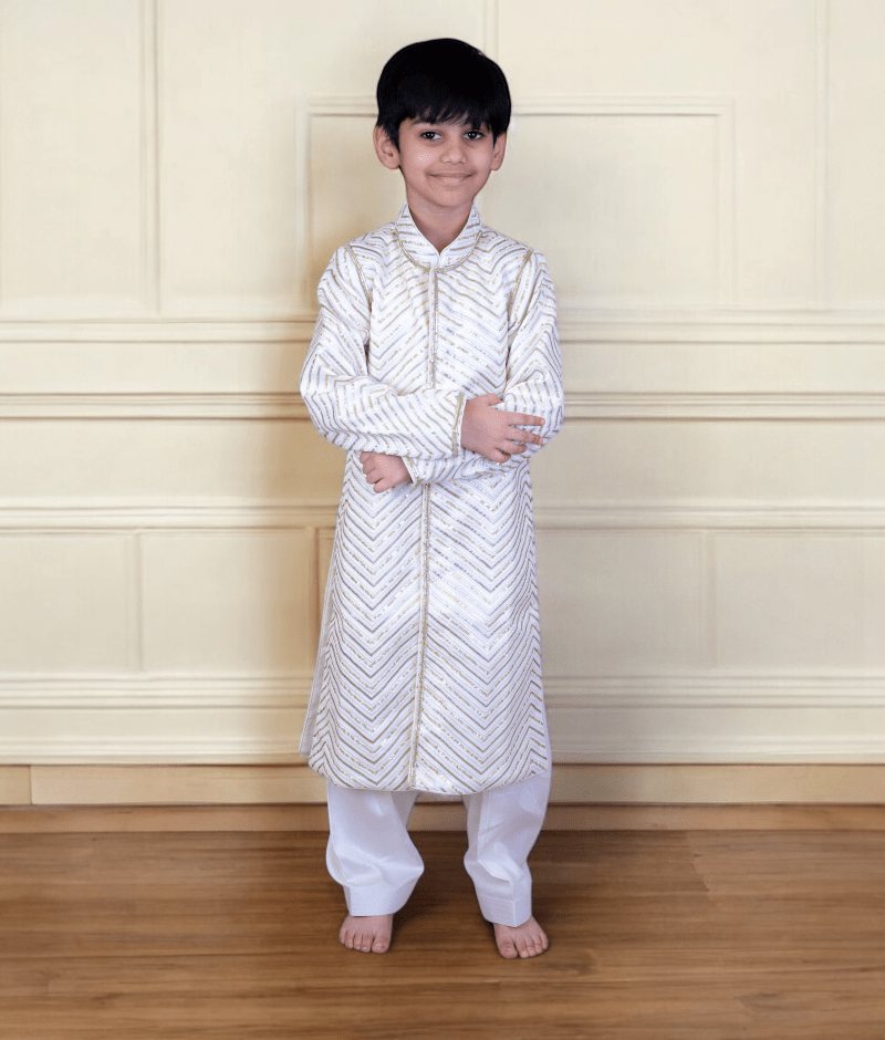 Manufactured by FAYON KIDS (Noida, U.P) Off white Embroidery Achkan with Salwar for Boys