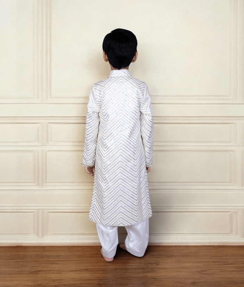 Manufactured by FAYON KIDS (Noida, U.P) Off white Embroidery Achkan with Salwar for Boys