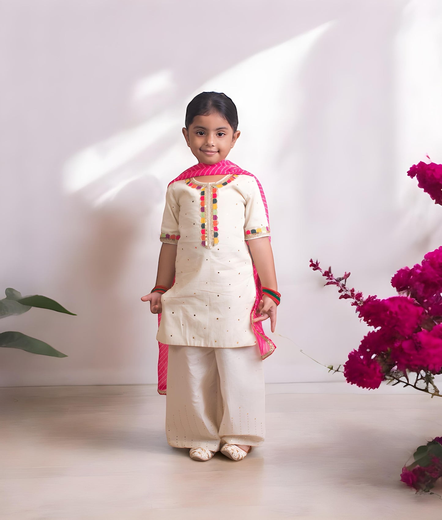 Manufactured by FAYON KIDS (Noida, U.P) Off white Faux Mukaish Work Kurti Sharara Set