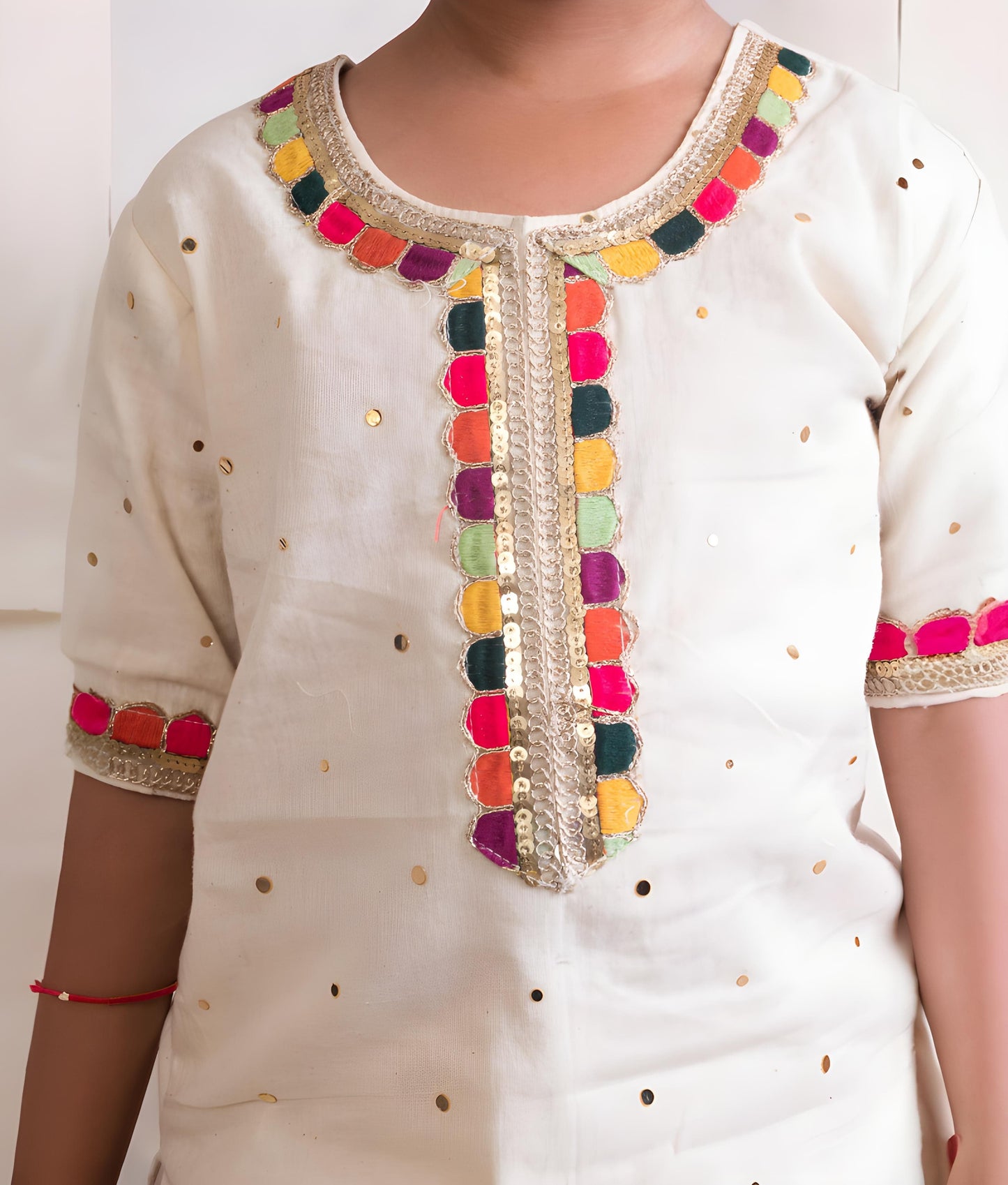 Manufactured by FAYON KIDS (Noida, U.P) Off white Faux Mukaish Work Kurti Sharara Set