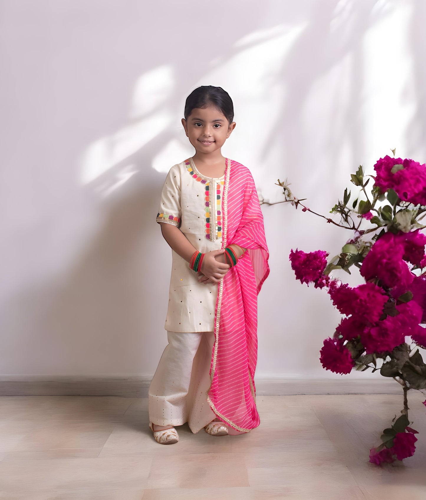 Manufactured by FAYON KIDS (Noida, U.P) Off white Faux Mukaish Work Kurti Sharara Set