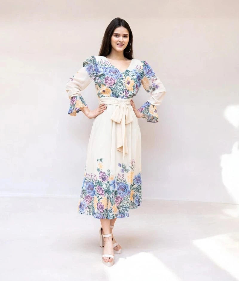 Manufactured by FAYON KIDS (Noida, U.P) Off-White Georgette Printed Dress