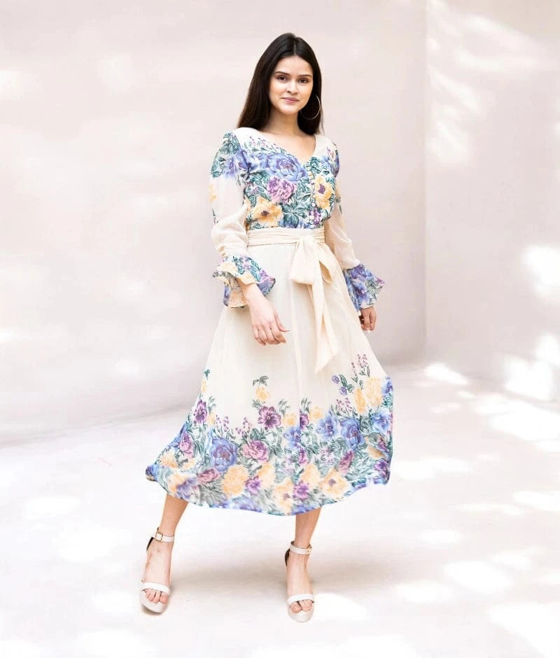 Manufactured by FAYON KIDS (Noida, U.P) Off-White Georgette Printed Dress