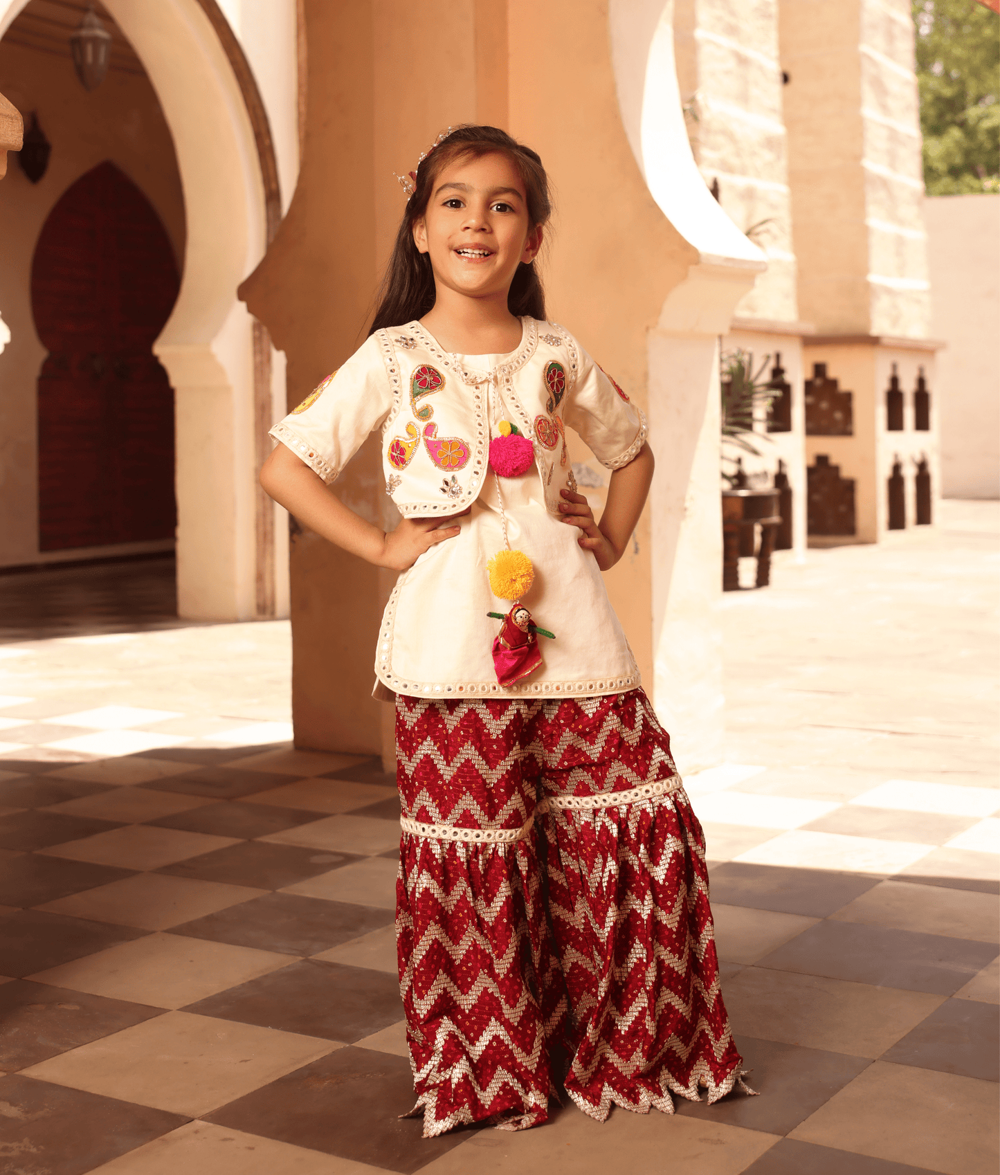 Manufactured by FAYON KIDS (Noida, U.P) Off white Kurti with Maroon Sharara