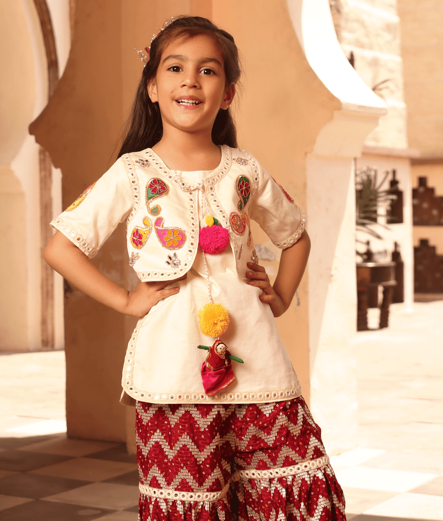 Manufactured by FAYON KIDS (Noida, U.P) Off white Kurti with Maroon Sharara