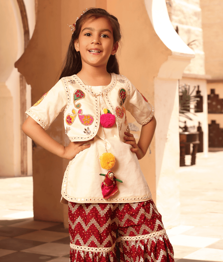 Manufactured by FAYON KIDS (Noida, U.P) Off white Kurti with Maroon Sharara