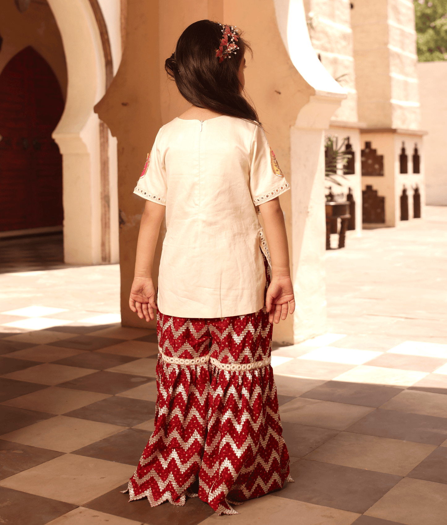 Manufactured by FAYON KIDS (Noida, U.P) Off white Kurti with Maroon Sharara