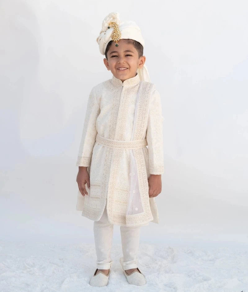 Manufactured by FAYON KIDS (Noida, U.P) Off-White Lucknowi Embroidered Sherwani Set