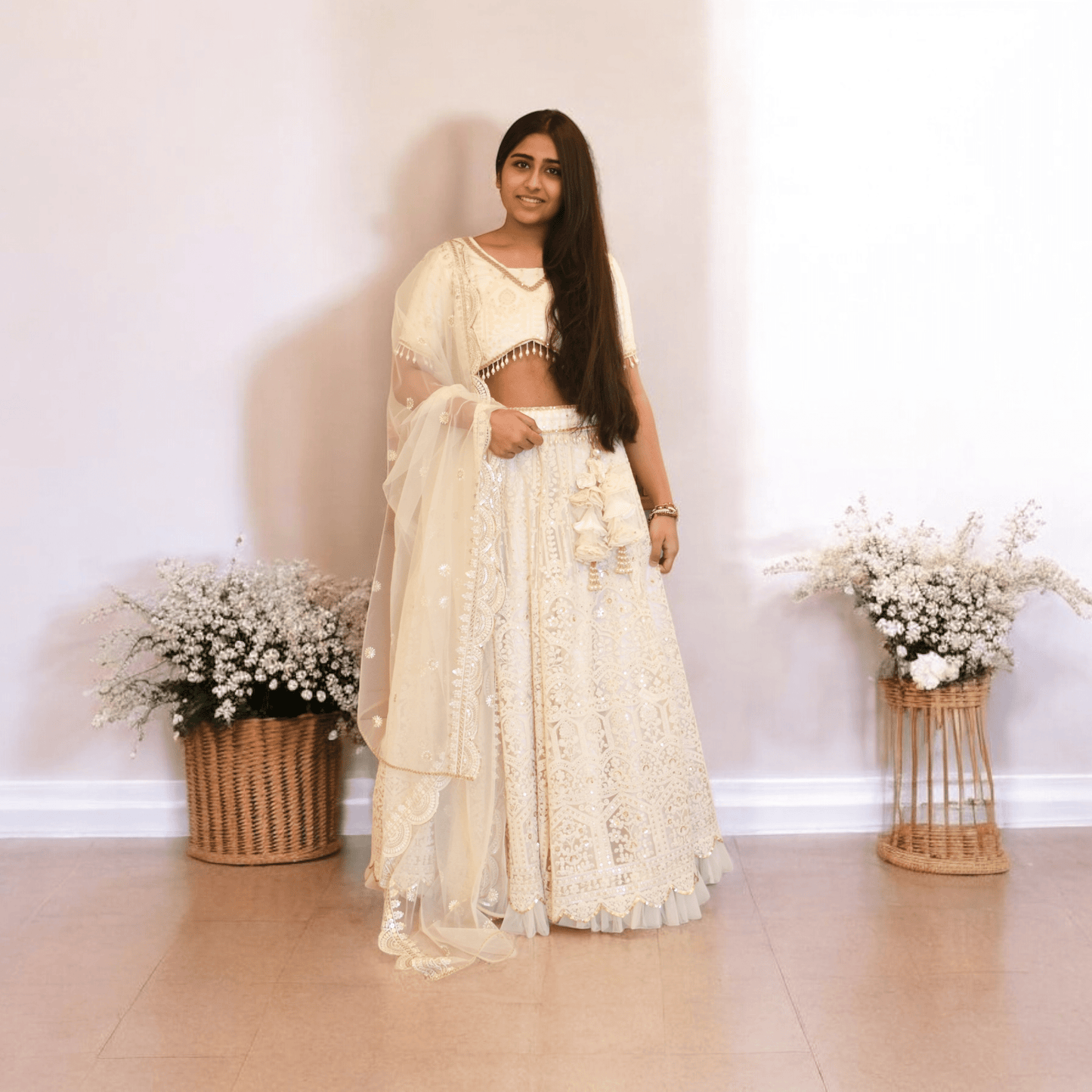 Manufactured by FAYON KIDS (Noida, U.P) Off white Sequence Embroidery Lehenga Choli for Girls