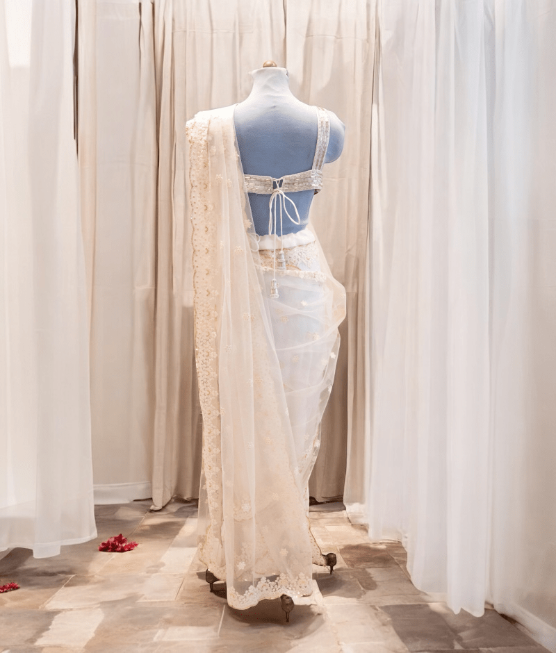 Off-White Thread Embroidered Saree Set
