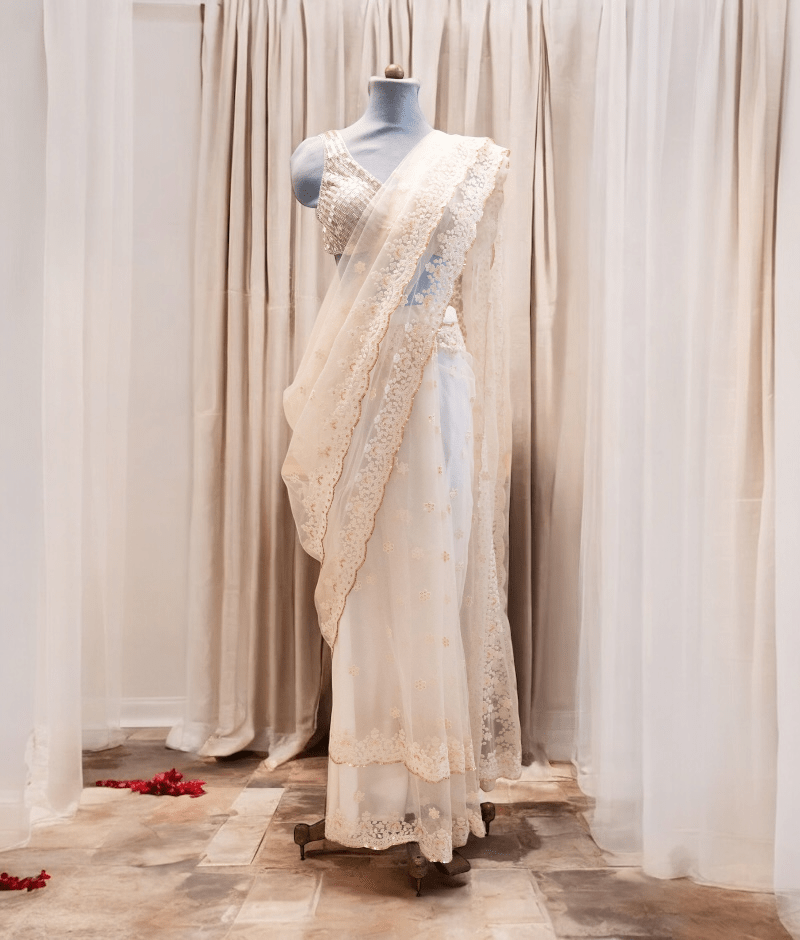 Manufactured by FAYON KIDS (Noida, U.P) Off-White Thread Embroidered Saree Set