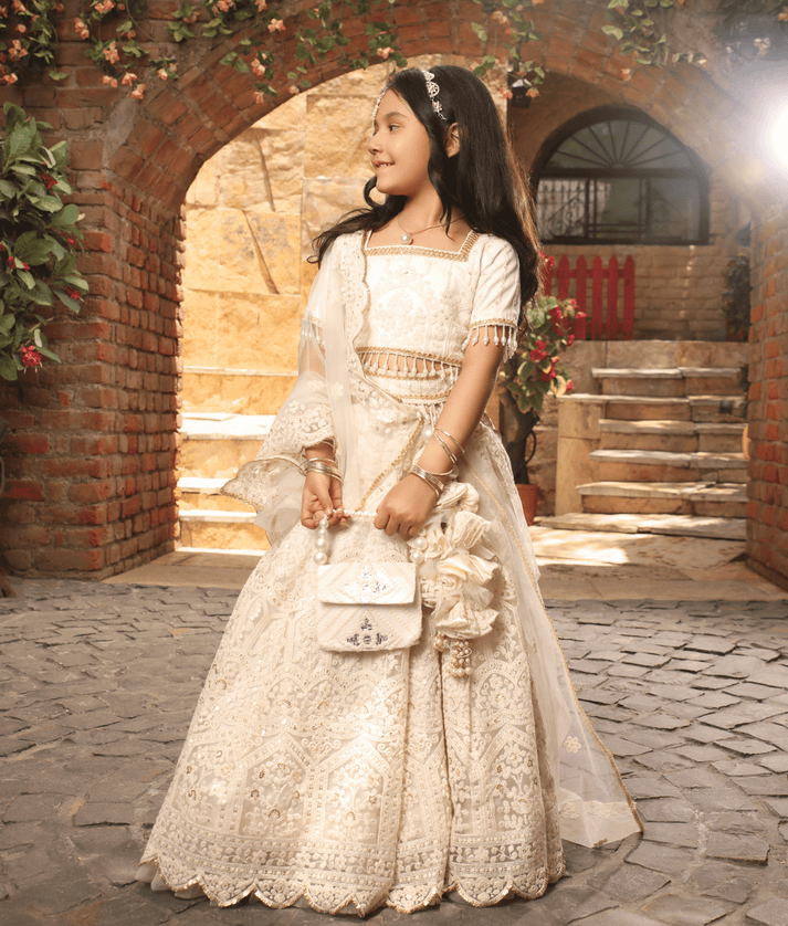 Manufactured by FAYON KIDS (Noida, U.P) Off-White Thread Lehenga for Girls