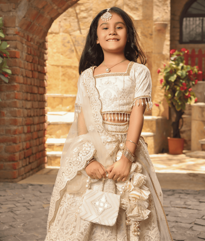 Manufactured by FAYON KIDS (Noida, U.P) Off-White Thread Lehenga for Girls