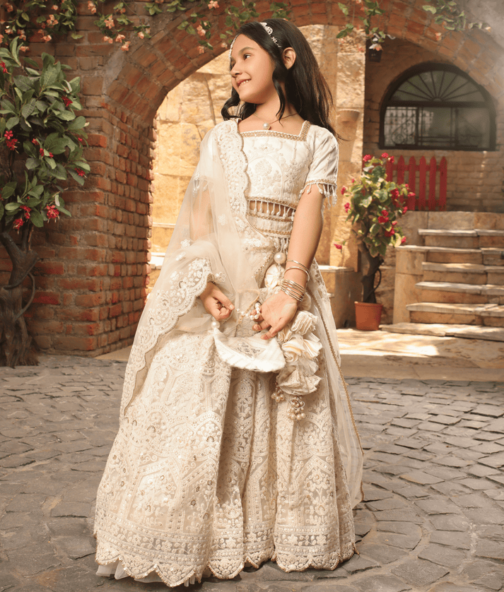 Manufactured by FAYON KIDS (Noida, U.P) Off-White Thread Lehenga for Girls