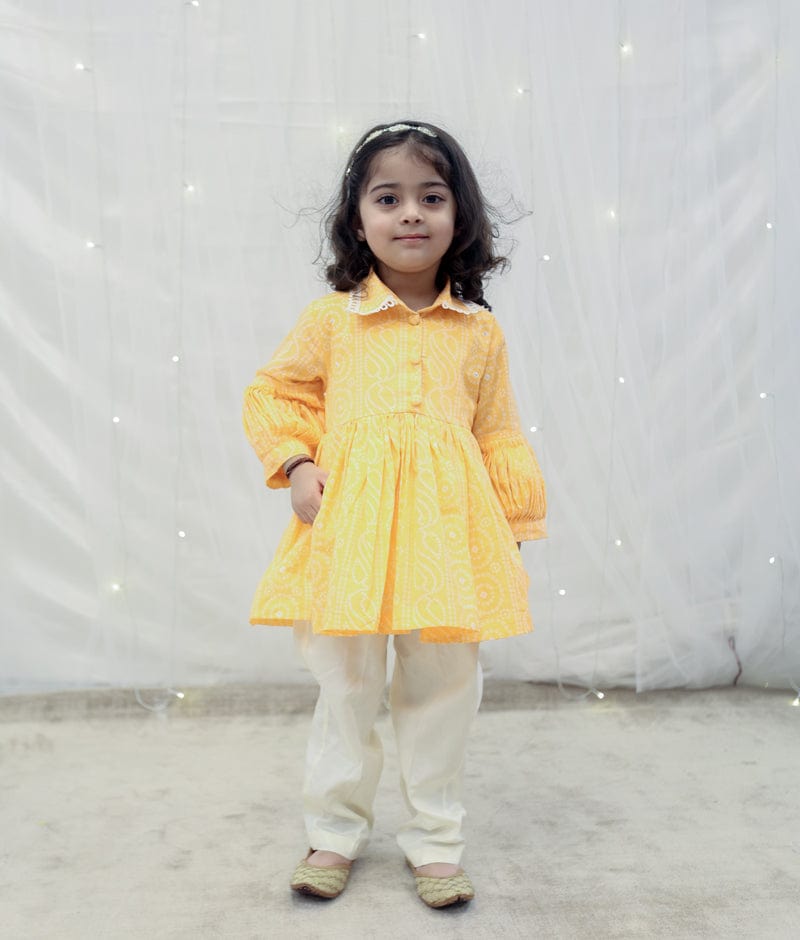 Manufactured by FAYON KIDS (Noida, U.P) Orange Bhandhej Peplum Kurti Set