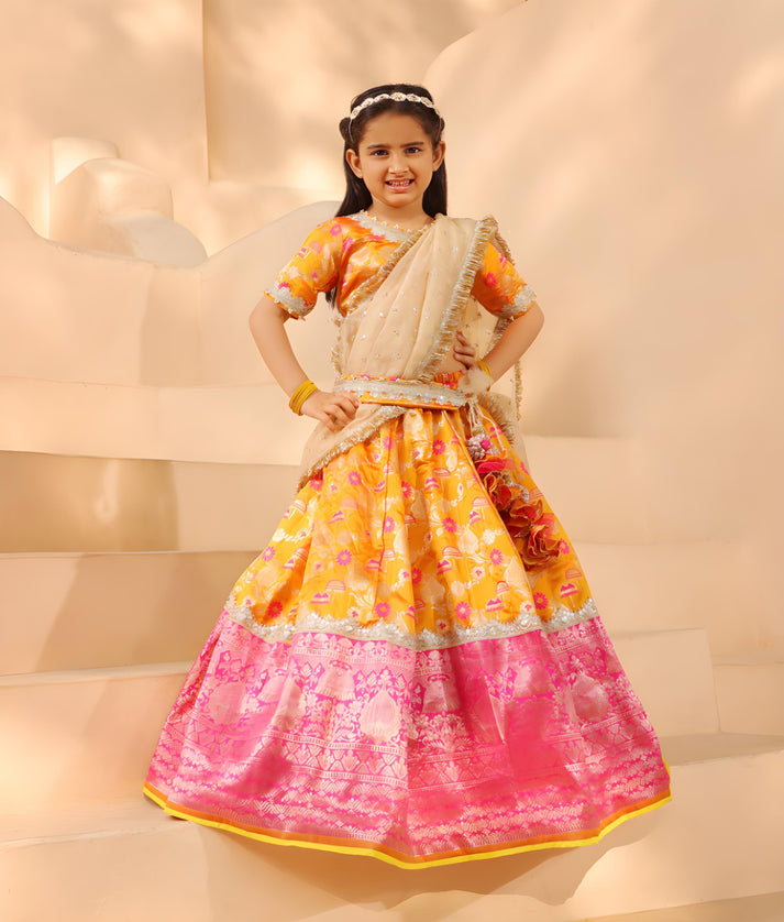 Manufactured by FAYON KIDS (Noida, U.P) Orange Brocade Choli lehenga Set