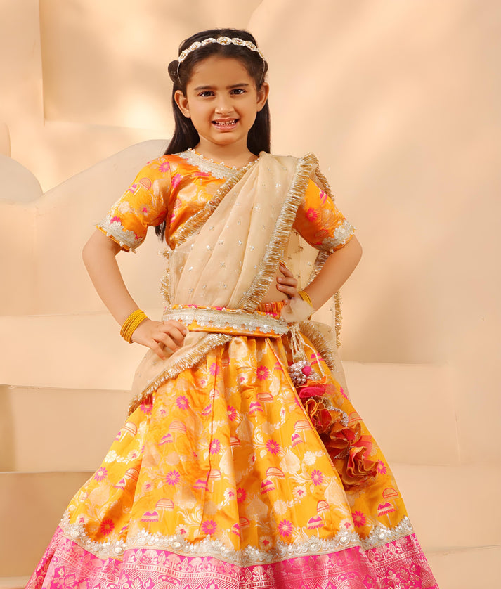 Manufactured by FAYON KIDS (Noida, U.P) Orange Brocade Choli lehenga Set