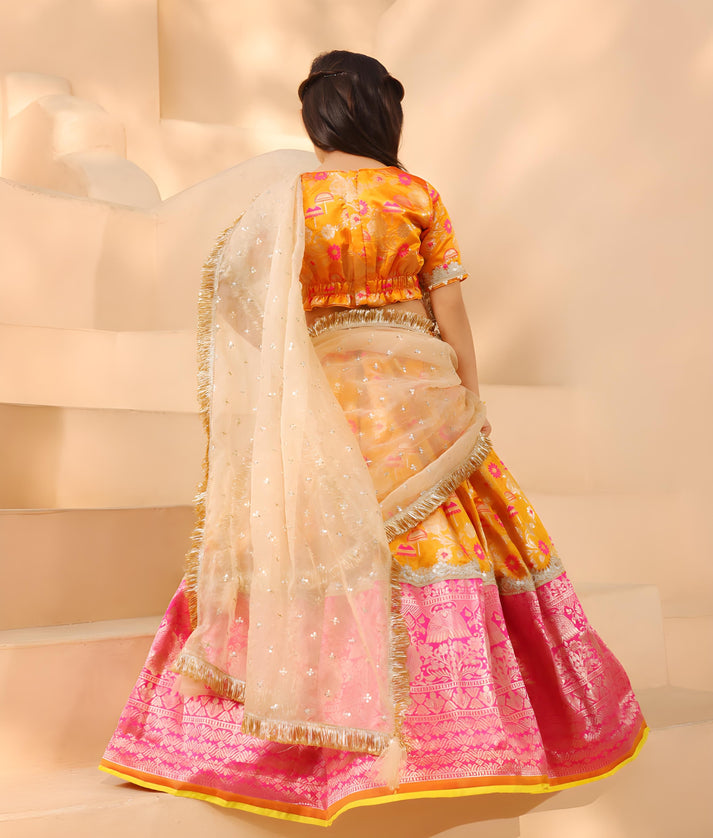 Manufactured by FAYON KIDS (Noida, U.P) Orange Brocade Choli lehenga Set