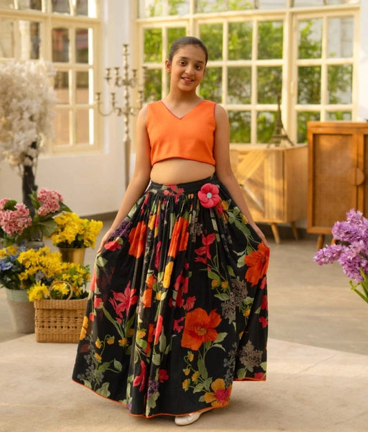 Manufactured by FAYON KIDS (Noida, U.P) Orange Crop Top with Printed Skirt