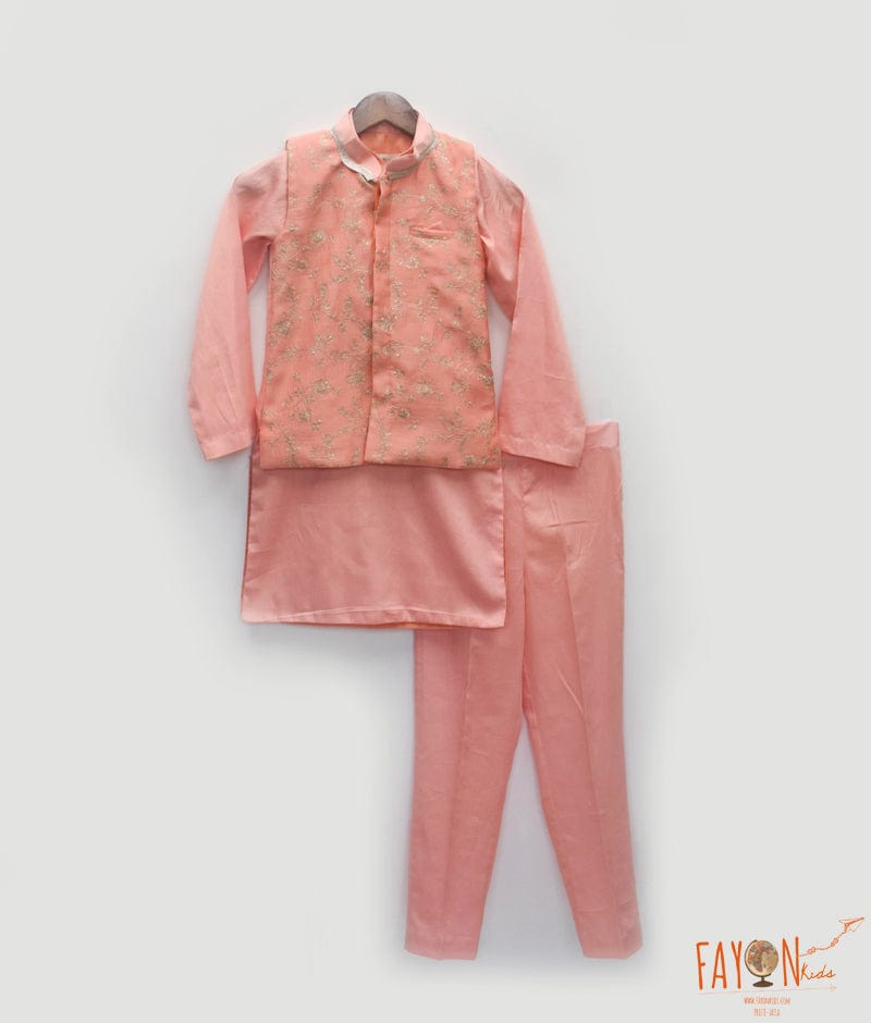 Manufactured by FAYON KIDS (Noida, U.P) Orange Embroidered Nehru Jacket with Kurta and Pant