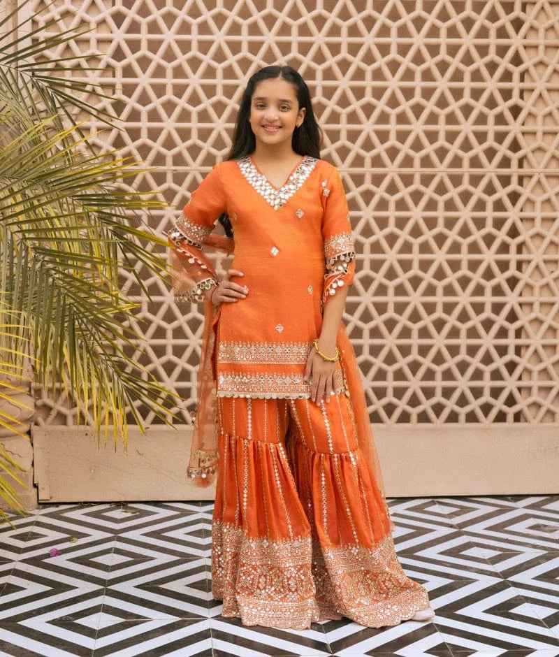 Orange Mirror Embroidered Kurti Sharara Set