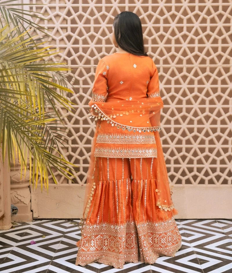 Orange Mirror Embroidered Kurti Sharara Set