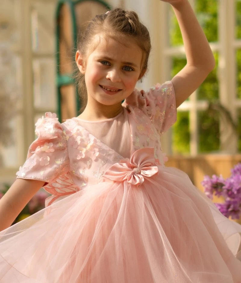 Peach 3D Flower Party Frock