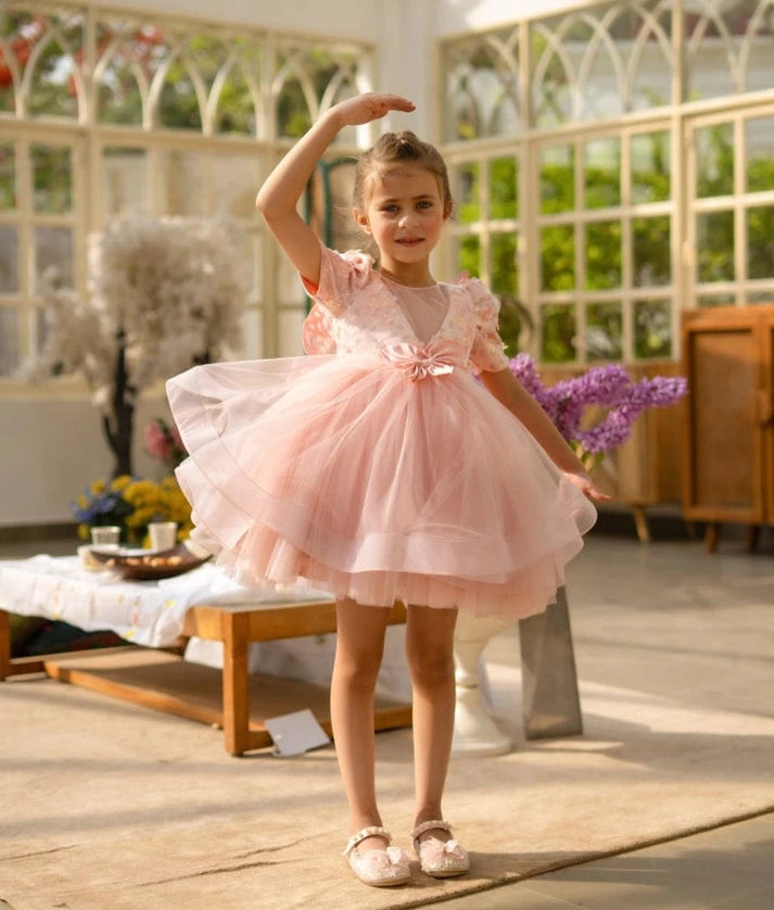 Peach 3D Flower Party Frock